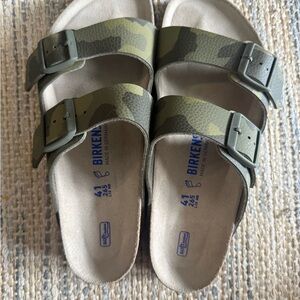 Birkenstock Green Camo Sandals with Suede Straps and Cork Footbed